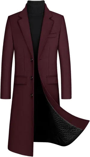 xxxiticat Men's Winter Trench Coat Long Sleeve Notch Lapel Single Breasted Quilted Cotton Long Overcoat Jacket Wool Pea Coat
