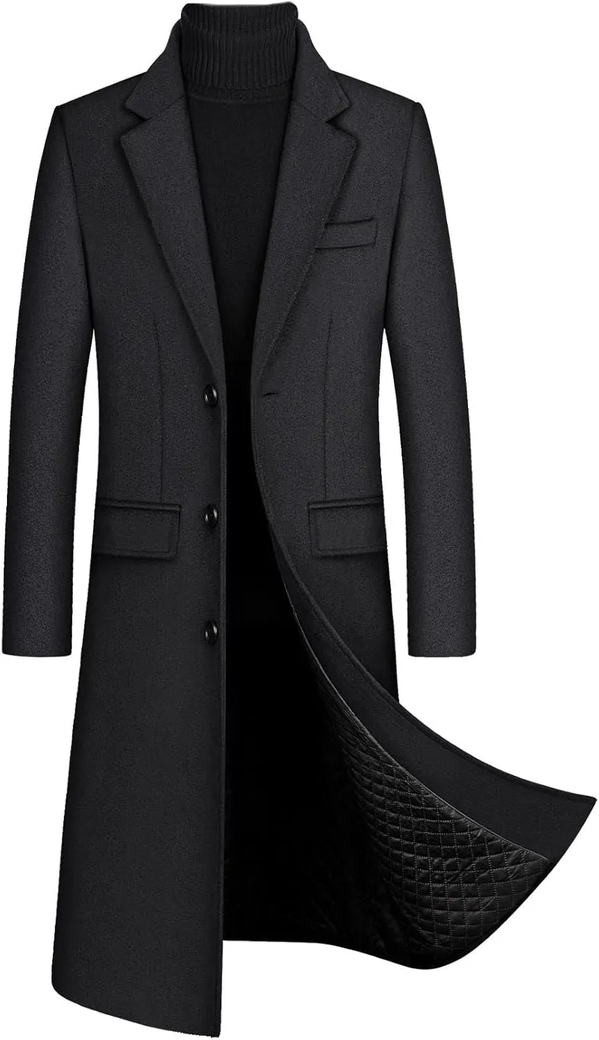xxxiticat Men's Winter Trench Coat Long Sleeve Notch Lapel Single Breasted Quilted Cotton Long Overcoat Jacket Wool Pea Coat