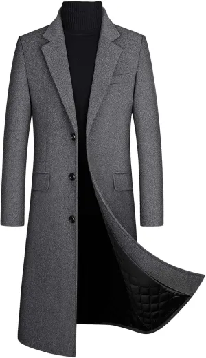 xxxiticat Men's Winter Trench Coat Long Sleeve Notch Lapel Single Breasted Quilted Cotton Long Overcoat Jacket Wool Pea Coat