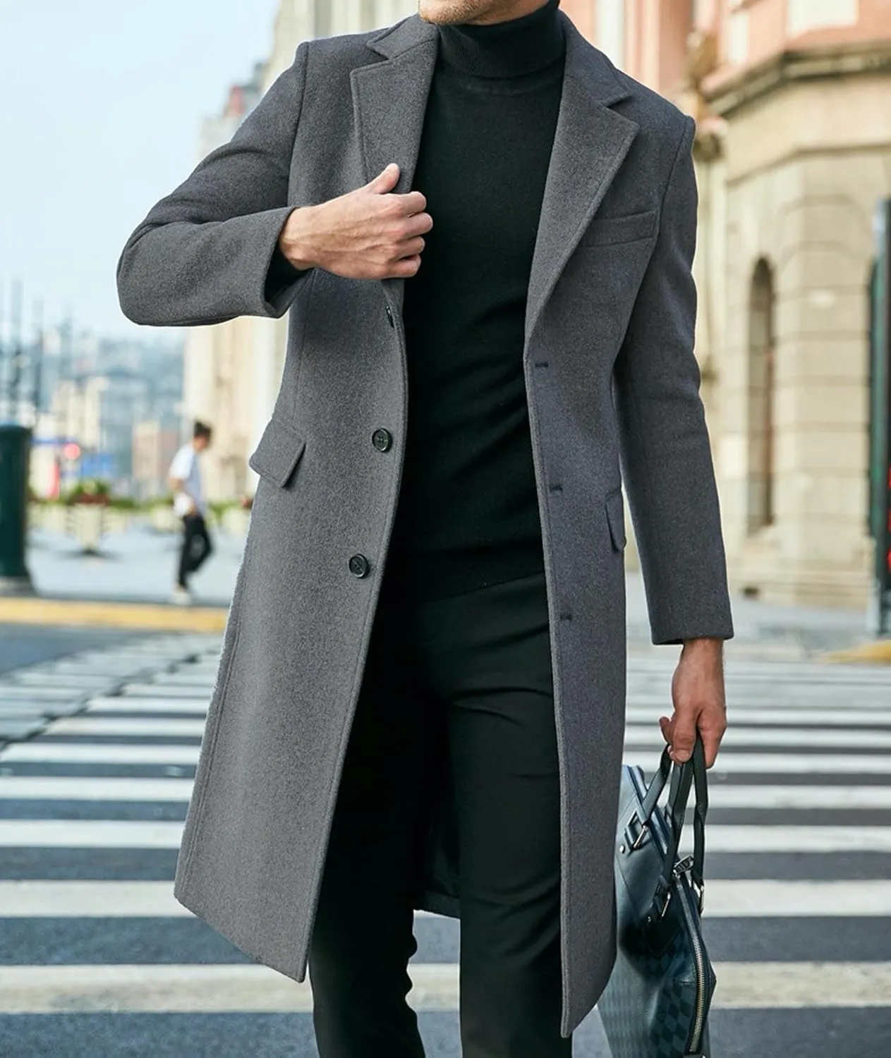 xxxiticat Men's Winter Trench Coat Long Sleeve Notch Lapel Single Breasted Quilted Cotton Long Overcoat Jacket Wool Pea Coat