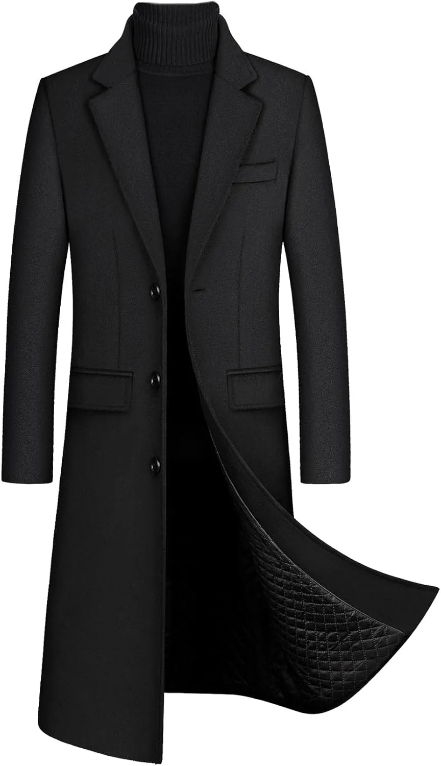 xxxiticat Men's Winter Trench Coat Long Sleeve Notch Lapel Single Breasted Quilted Cotton Long Overcoat Jacket Wool Pea Coat