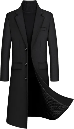 xxxiticat Men's Winter Trench Coat Long Sleeve Notch Lapel Single Breasted Quilted Cotton Long Overcoat Jacket Wool Pea Coat