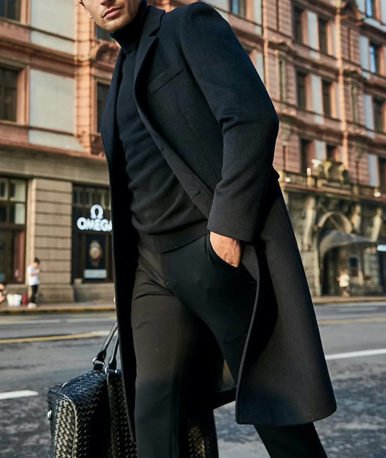 xxxiticat Men's Winter Trench Coat Long Sleeve Notch Lapel Single Breasted Quilted Cotton Long Overcoat Jacket Wool Pea Coat