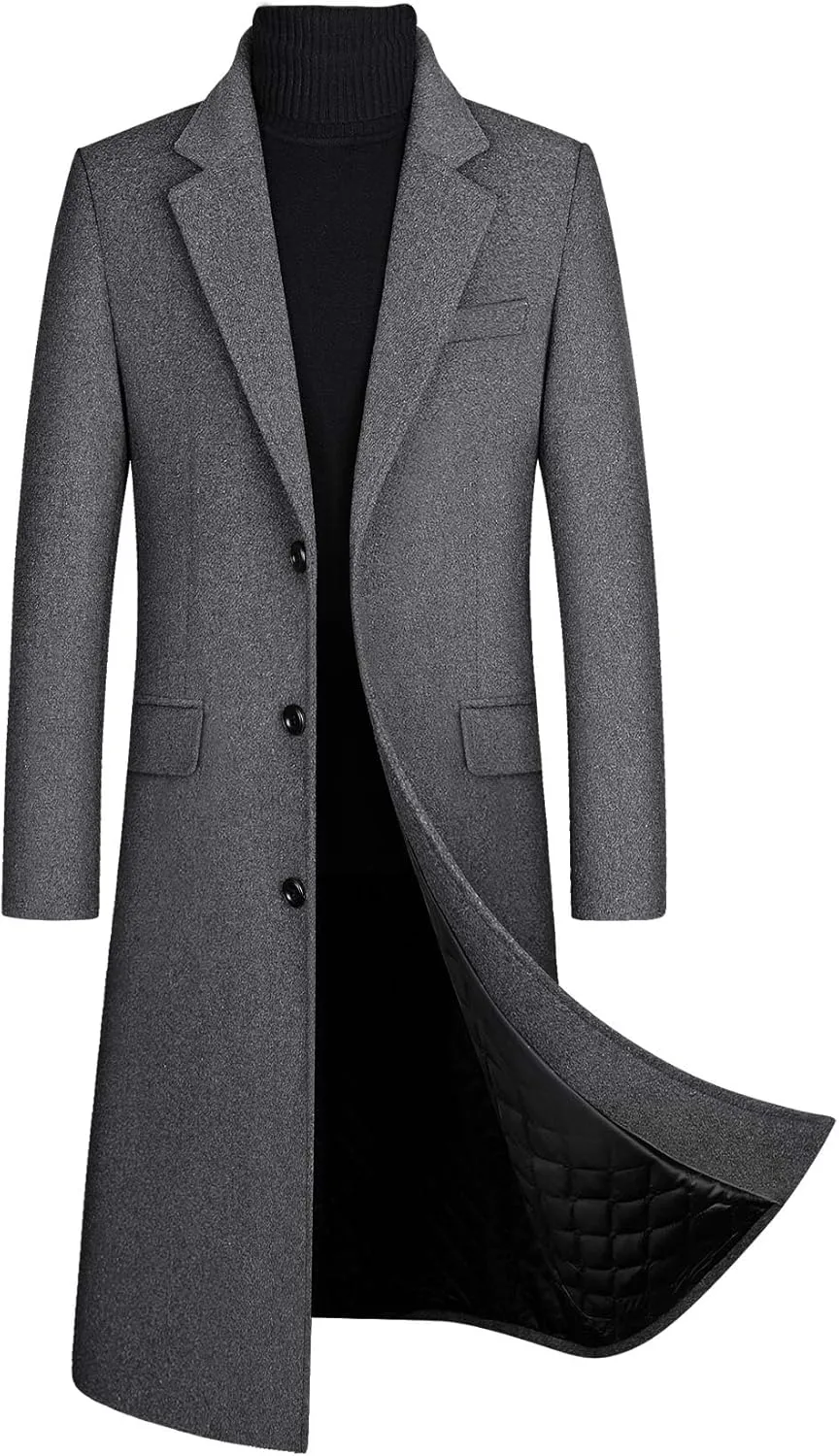 xxxiticat Men's Winter Trench Coat Long Sleeve Notch Lapel Single Breasted Quilted Cotton Long Overcoat Jacket Wool Pea Coat