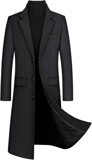 xxxiticat Men's Winter Trench Coat Long Sleeve Notch Lapel Single Breasted Quilted Cotton Long Overcoat Jacket Wool Pea Coat