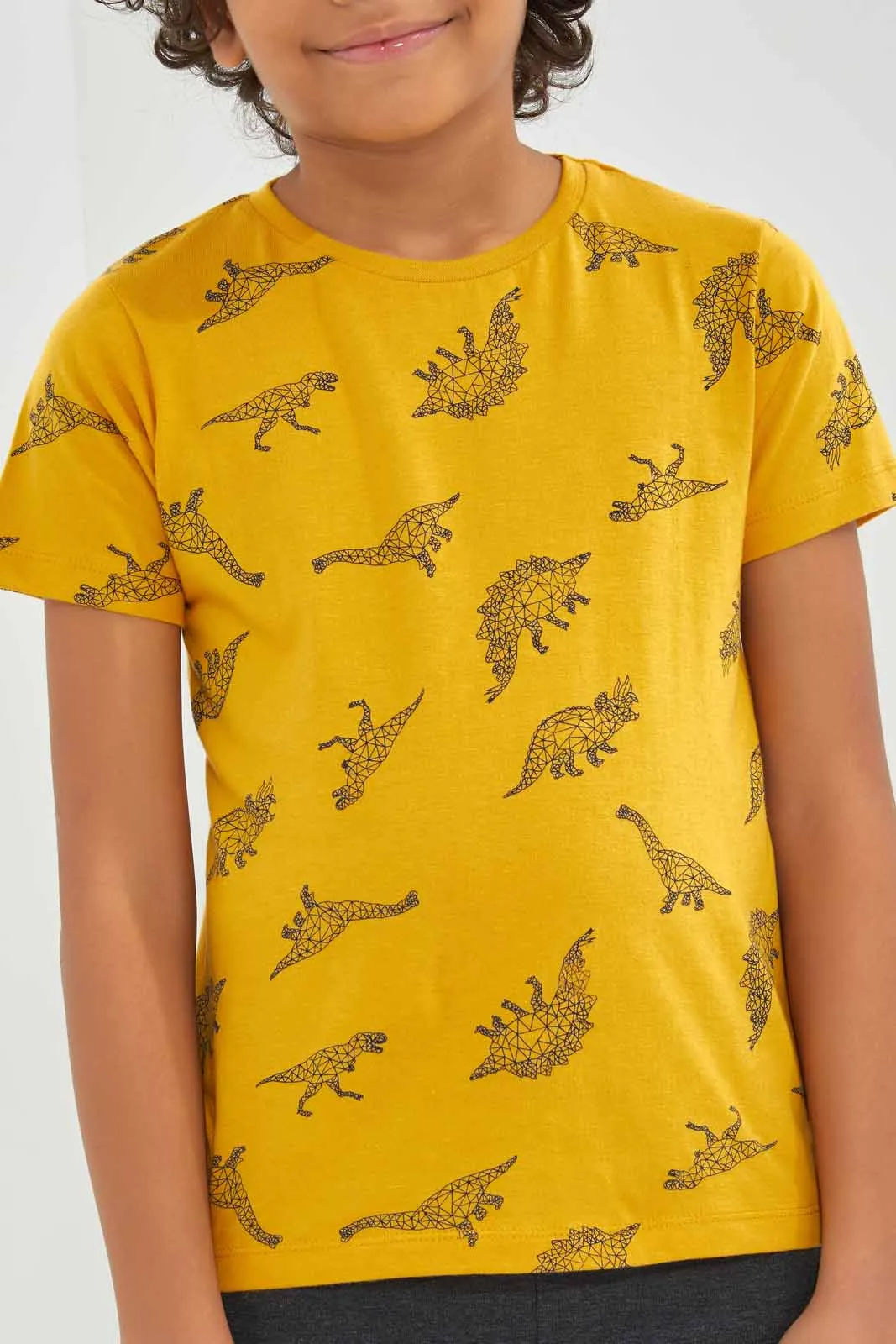 Yellow Dino Print T-Shirt For Boys