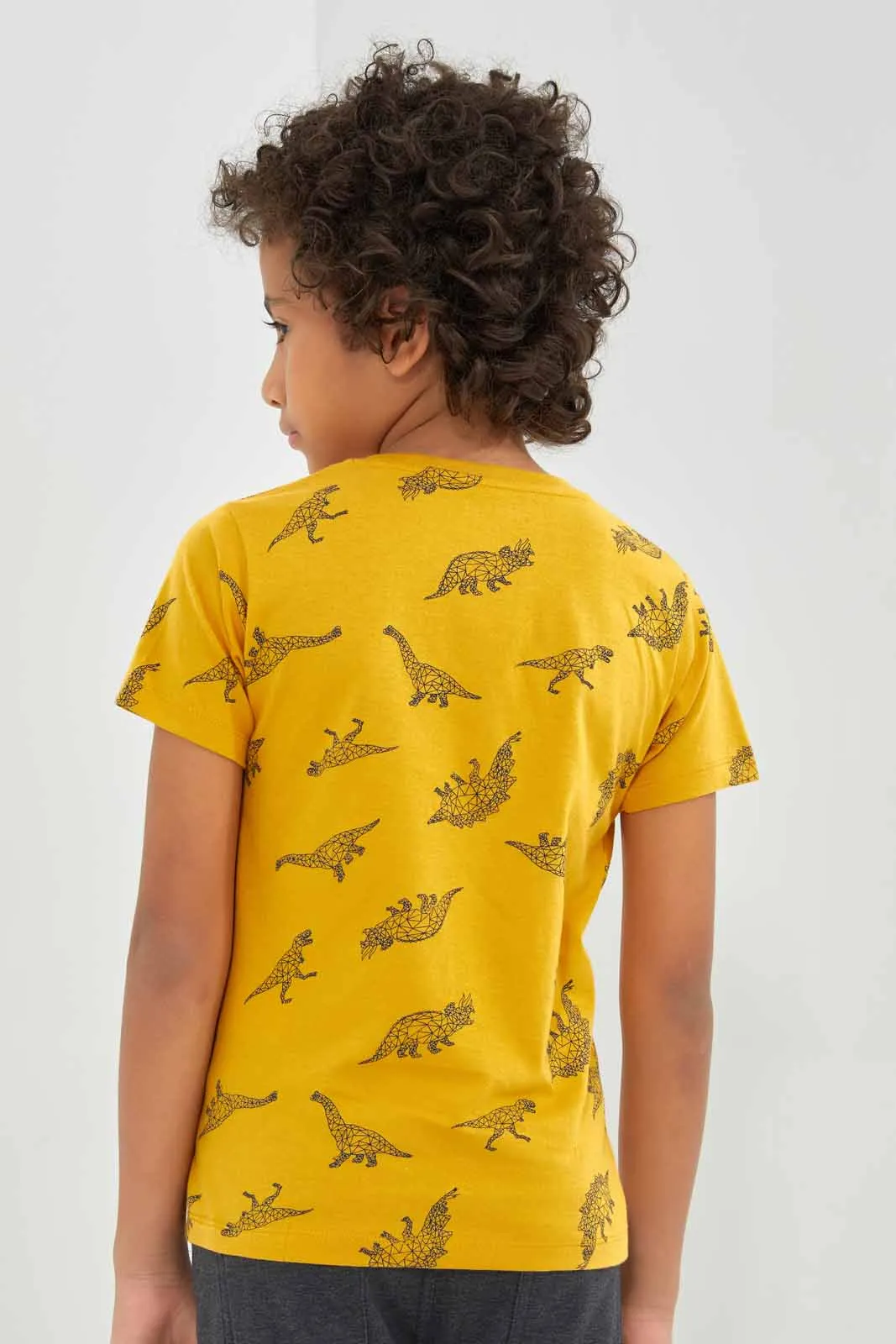 Yellow Dino Print T-Shirt For Boys