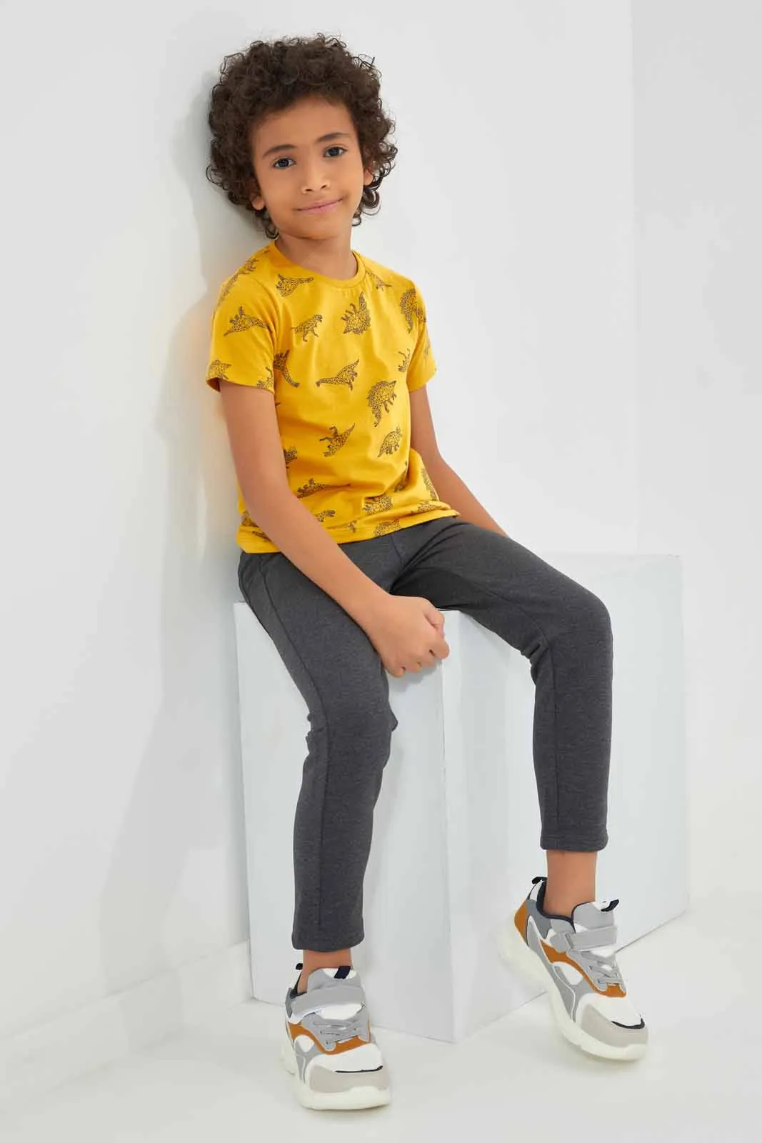 Yellow Dino Print T-Shirt For Boys