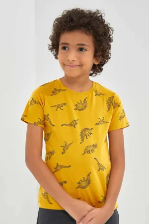Yellow Dino Print T-Shirt For Boys