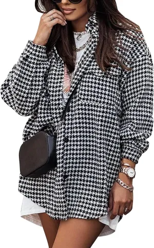 Yimoon Plaid Jacket Women Casual Houndstooth Jacket Flannel Shacket Loose Long Sleeve Shirt Button Down Shacket with Pockets