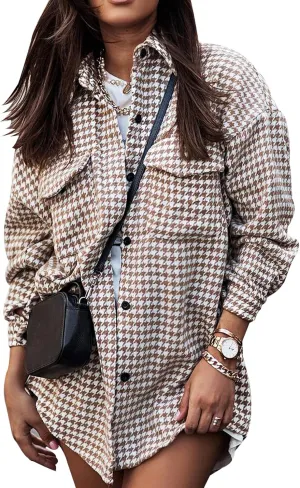 Yimoon Plaid Jacket Women Casual Houndstooth Jacket Flannel Shacket Loose Long Sleeve Shirt Button Down Shacket with Pockets