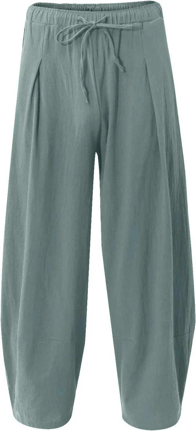 Ymosrh Khaki Jeans for Men Casual Loose Solid Color Linen Harem Pants Cotton Casual Trousers Wide Leg Pants Cargo