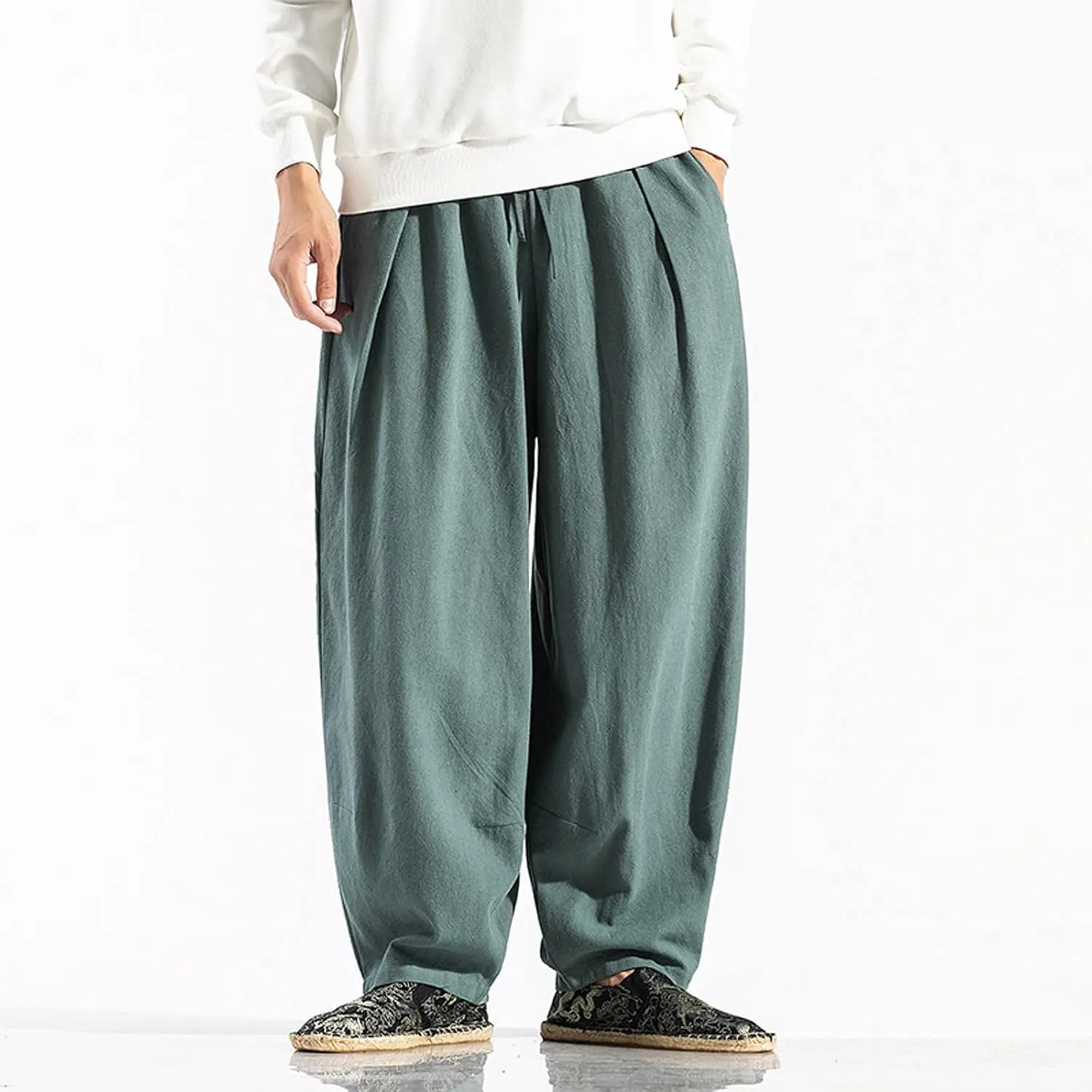 Ymosrh Khaki Jeans for Men Casual Loose Solid Color Linen Harem Pants Cotton Casual Trousers Wide Leg Pants Cargo