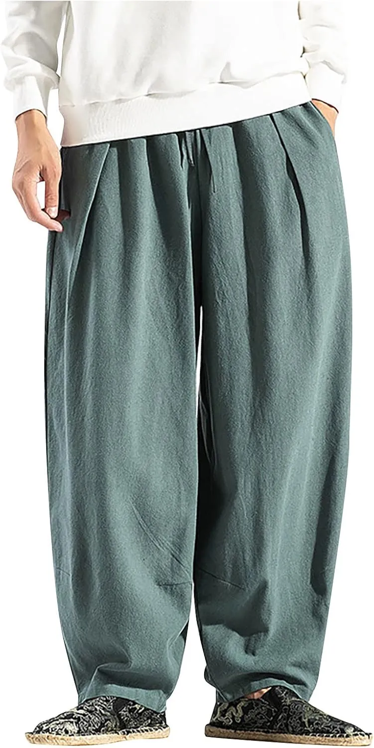 Ymosrh Khaki Jeans for Men Casual Loose Solid Color Linen Harem Pants Cotton Casual Trousers Wide Leg Pants Cargo