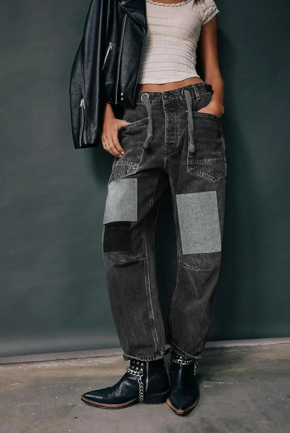 yoeasy Womens Baggy Barrel Horseshoe Jeans Wide Leg Patchwork Drawstring Low Rise Vintage Denim Pants with Pockets