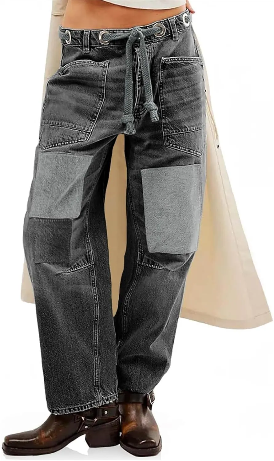 yoeasy Womens Baggy Barrel Horseshoe Jeans Wide Leg Patchwork Drawstring Low Rise Vintage Denim Pants with Pockets