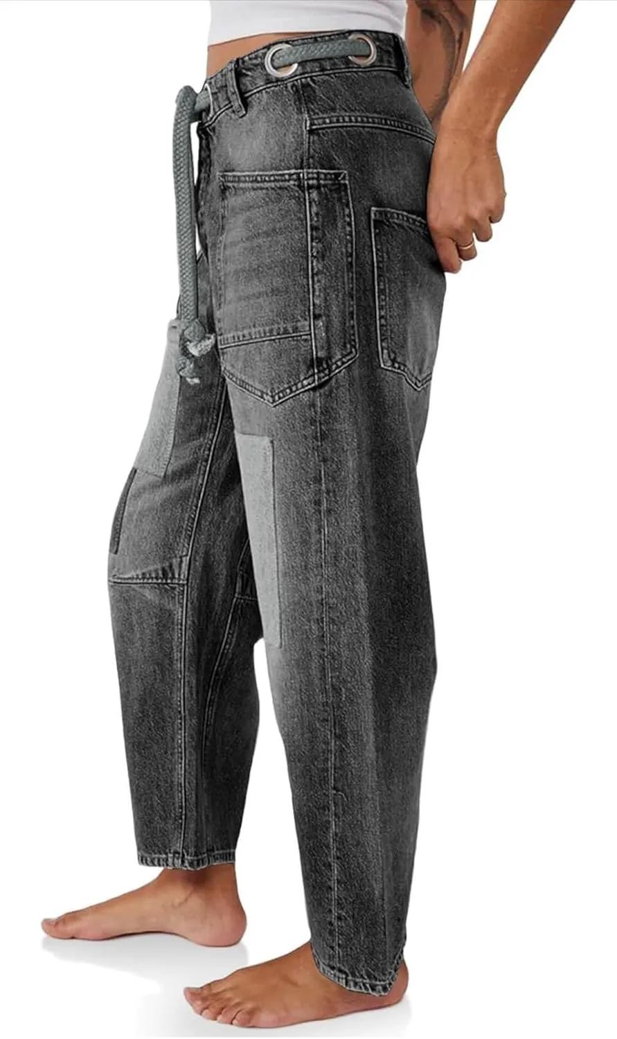 yoeasy Womens Baggy Barrel Horseshoe Jeans Wide Leg Patchwork Drawstring Low Rise Vintage Denim Pants with Pockets