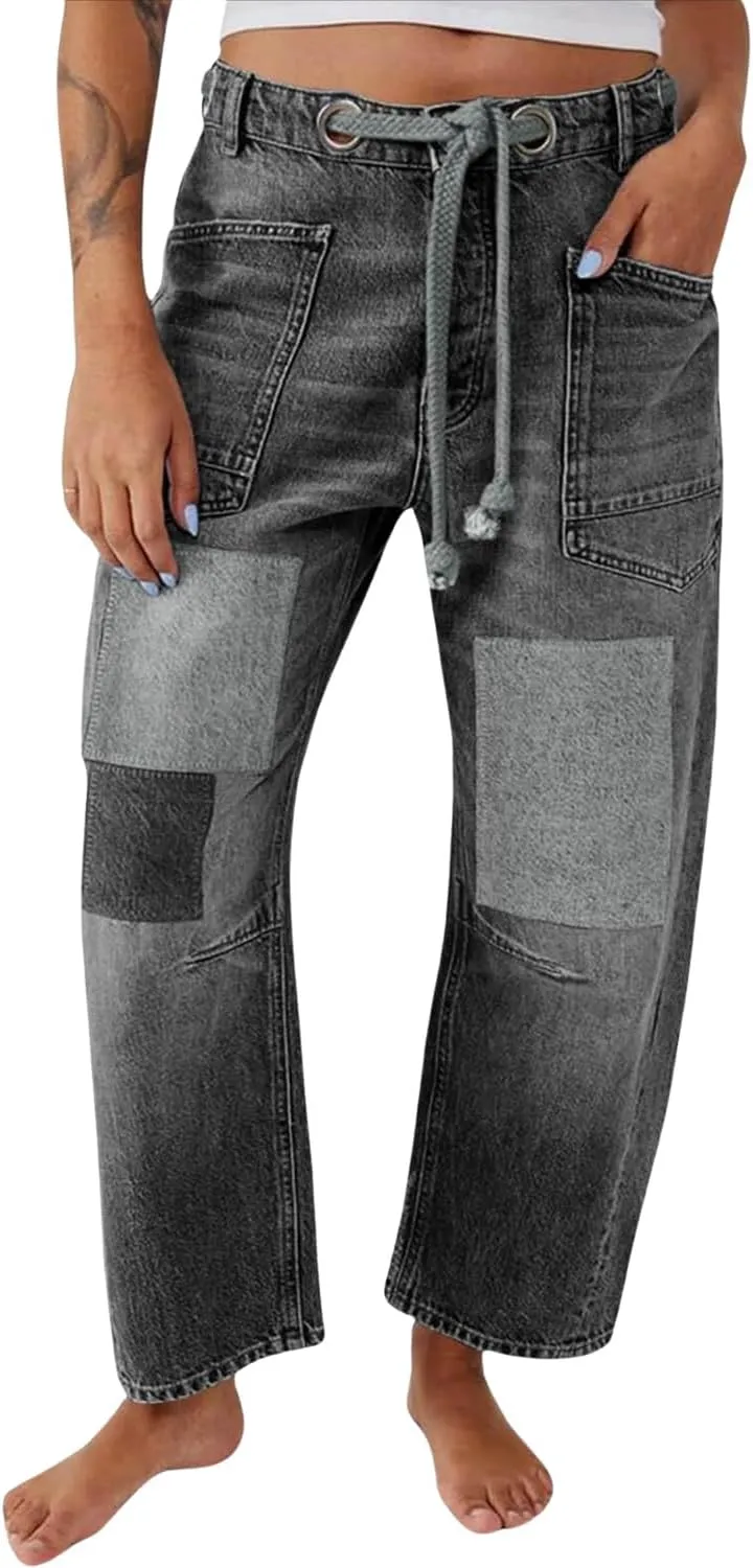 yoeasy Womens Baggy Barrel Horseshoe Jeans Wide Leg Patchwork Drawstring Low Rise Vintage Denim Pants with Pockets