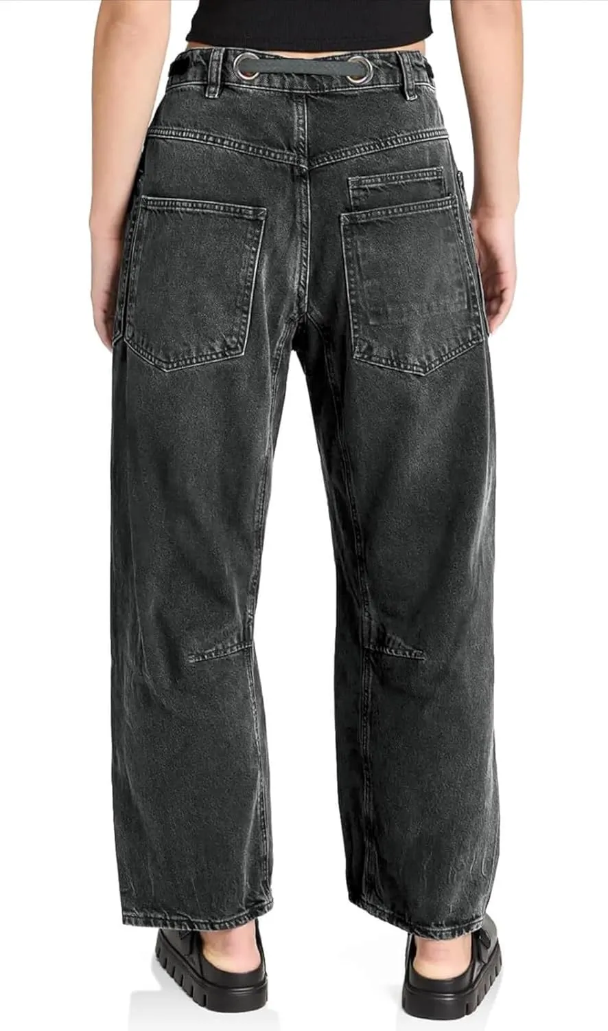 yoeasy Womens Baggy Barrel Horseshoe Jeans Wide Leg Patchwork Drawstring Low Rise Vintage Denim Pants with Pockets
