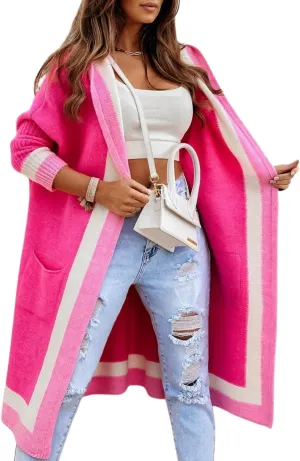 yoeasy Women's Color Block Striped Hooded Knit Long Cardigan Sweaters Oversized Open Front Long Sleeve Outwear Coat