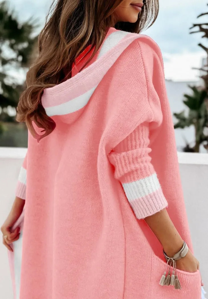 yoeasy Women's Color Block Striped Hooded Knit Long Cardigan Sweaters Oversized Open Front Long Sleeve Outwear Coat