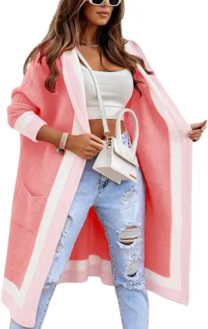 yoeasy Women's Color Block Striped Hooded Knit Long Cardigan Sweaters Oversized Open Front Long Sleeve Outwear Coat