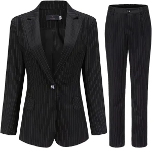 YYNUDA Women's Business 2 Piece Office Lady Pinstripe Suit Set Slim Fit Blazer and Pants