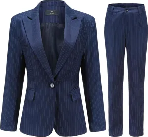 YYNUDA Women's Business 2 Piece Office Lady Pinstripe Suit Set Slim Fit Blazer and Pants