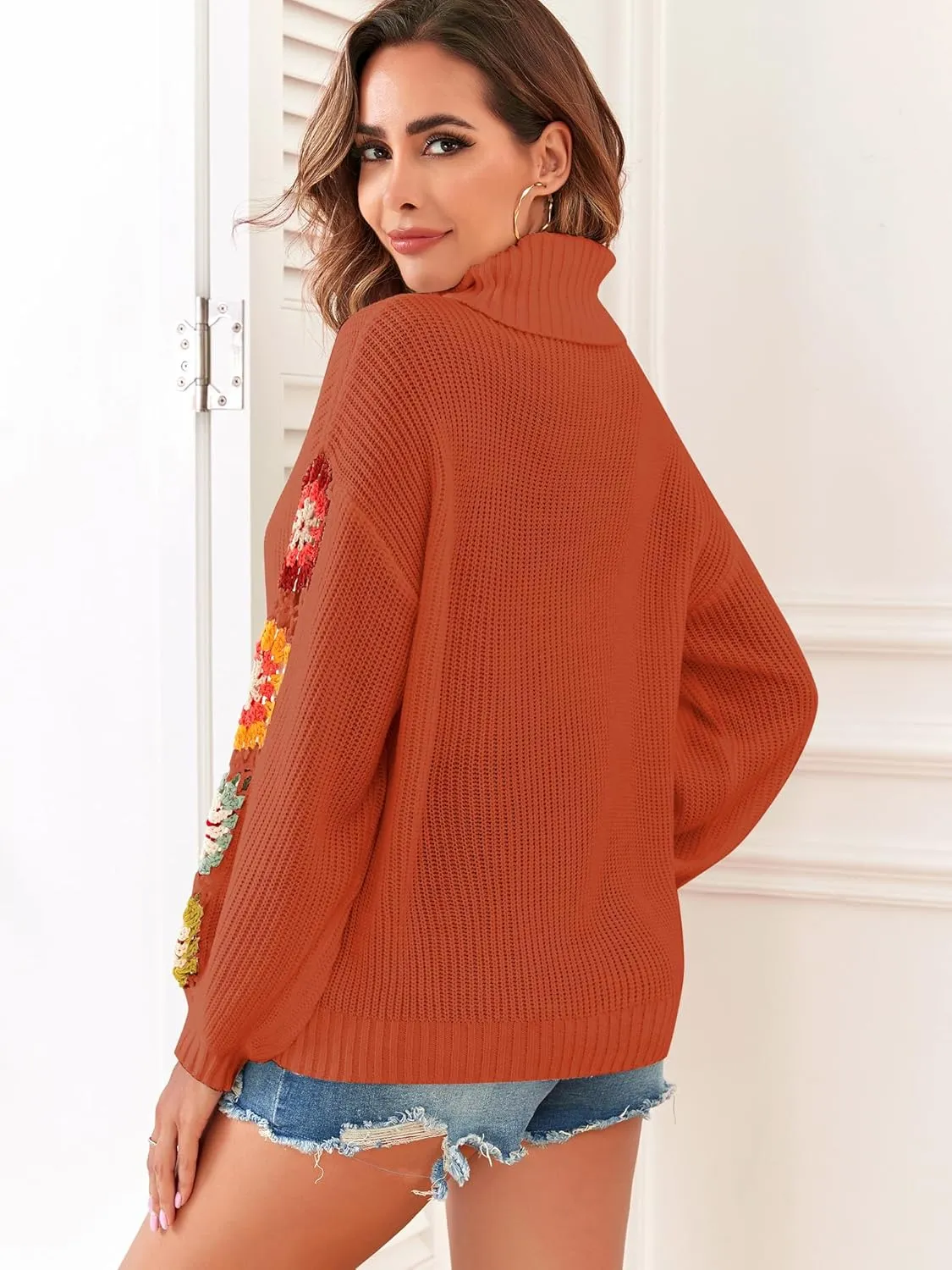 ZAFUL Flower Crochet Turtleneck Sweater for Women Pullover Puff Long Sleeve Boho Knit Sweaters Trendy Knitwear Tops