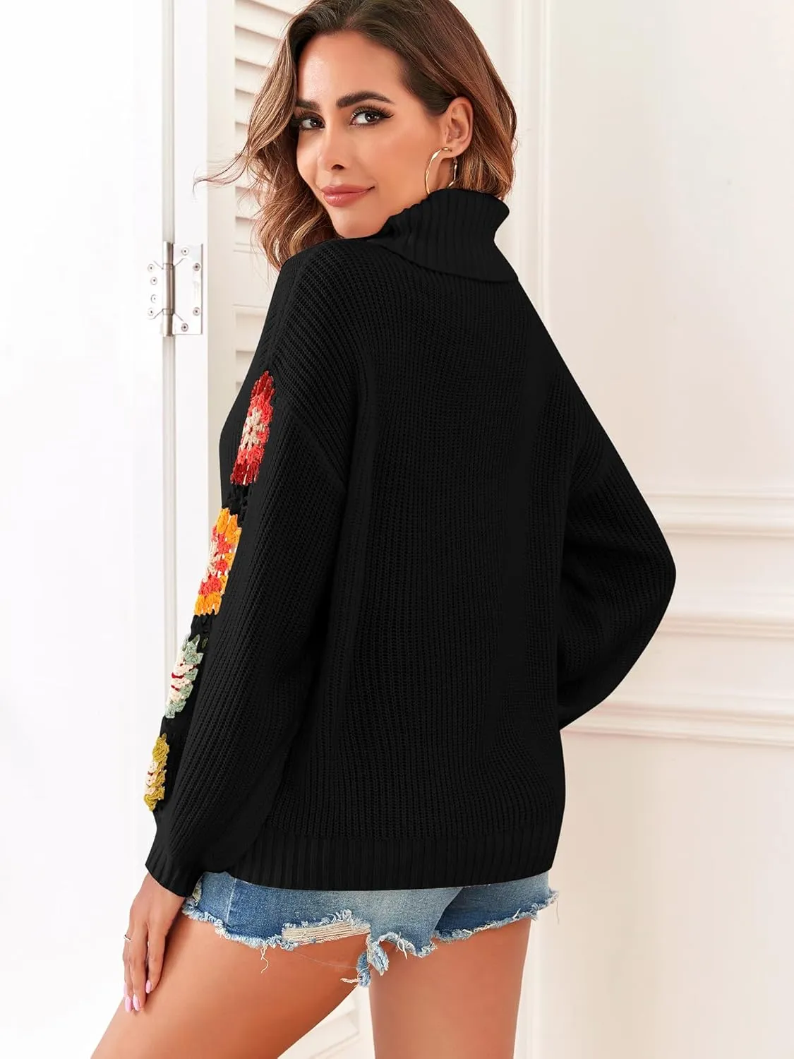 ZAFUL Flower Crochet Turtleneck Sweater for Women Pullover Puff Long Sleeve Boho Knit Sweaters Trendy Knitwear Tops