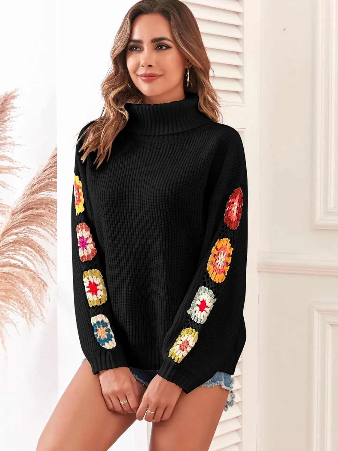 ZAFUL Flower Crochet Turtleneck Sweater for Women Pullover Puff Long Sleeve Boho Knit Sweaters Trendy Knitwear Tops