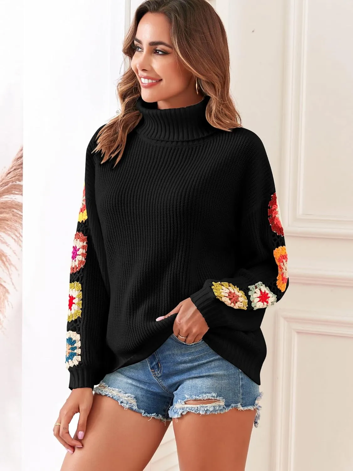 ZAFUL Flower Crochet Turtleneck Sweater for Women Pullover Puff Long Sleeve Boho Knit Sweaters Trendy Knitwear Tops