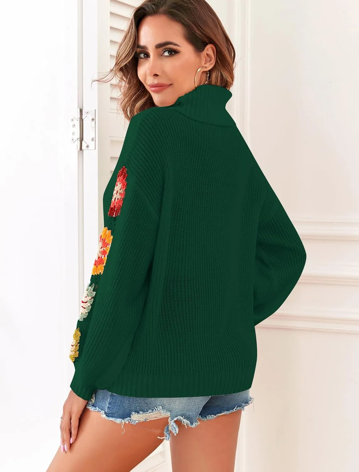 ZAFUL Flower Crochet Turtleneck Sweater for Women Pullover Puff Long Sleeve Boho Knit Sweaters Trendy Knitwear Tops