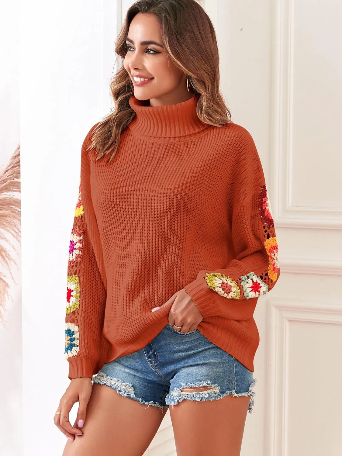 ZAFUL Flower Crochet Turtleneck Sweater for Women Pullover Puff Long Sleeve Boho Knit Sweaters Trendy Knitwear Tops