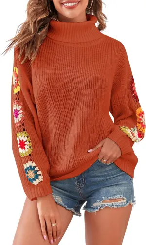 ZAFUL Flower Crochet Turtleneck Sweater for Women Pullover Puff Long Sleeve Boho Knit Sweaters Trendy Knitwear Tops
