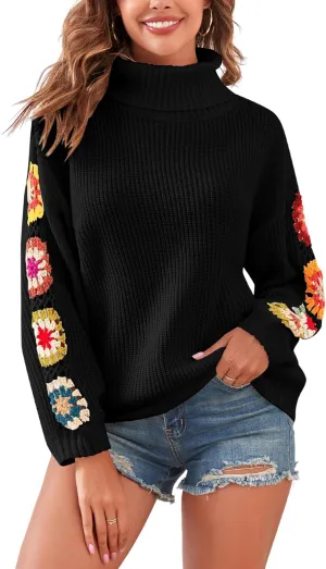 ZAFUL Flower Crochet Turtleneck Sweater for Women Pullover Puff Long Sleeve Boho Knit Sweaters Trendy Knitwear Tops