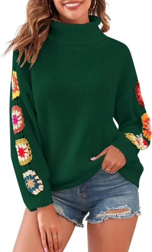ZAFUL Flower Crochet Turtleneck Sweater for Women Pullover Puff Long Sleeve Boho Knit Sweaters Trendy Knitwear Tops