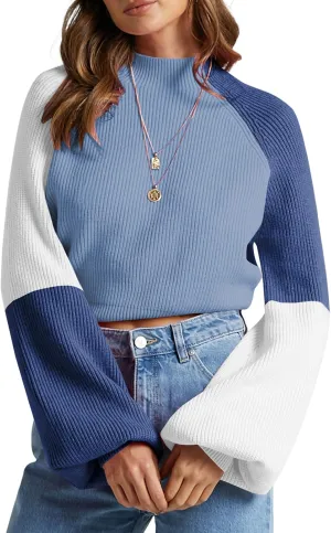 ZAFUL Women's Mock Neck Color Block Sweaters Knitted Pullover Jumper Tops Casual Lantern Sleeve Cropped Sweater