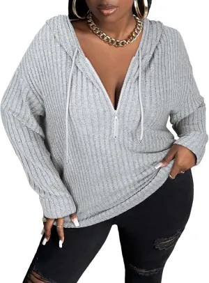 Zamowoty Women's Plus Size Hoodies Long Sleeve Drawstring Quarter Zip Hooded Sweatshirts Knit Pullover Sweaters(1X-5X)