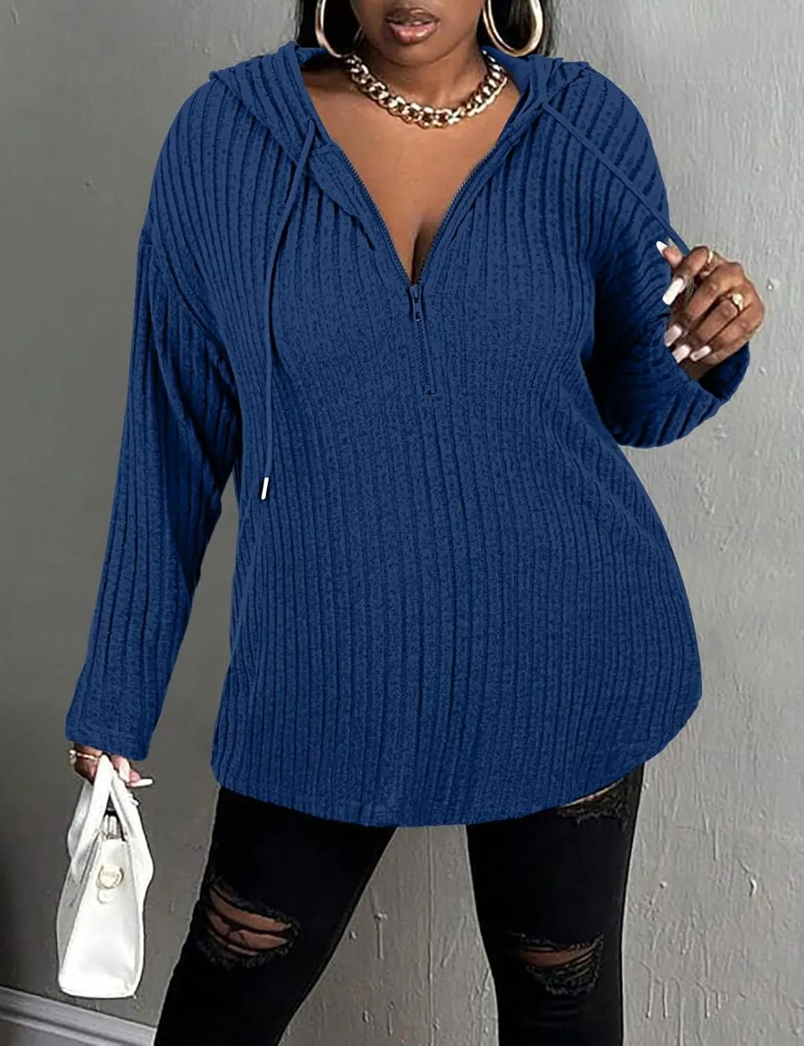 Zamowoty Women's Plus Size Hoodies Long Sleeve Drawstring Quarter Zip Hooded Sweatshirts Knit Pullover Sweaters(1X-5X)