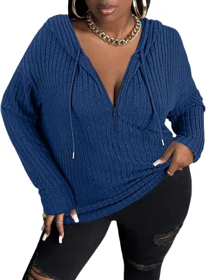 Zamowoty Women's Plus Size Hoodies Long Sleeve Drawstring Quarter Zip Hooded Sweatshirts Knit Pullover Sweaters(1X-5X)