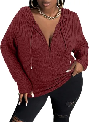 Zamowoty Women's Plus Size Hoodies Long Sleeve Drawstring Quarter Zip Hooded Sweatshirts Knit Pullover Sweaters(1X-5X)