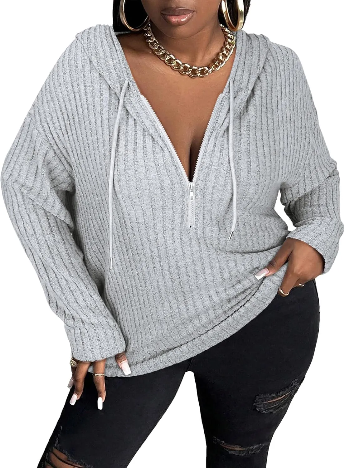 Zamowoty Women's Plus Size Hoodies Long Sleeve Drawstring Quarter Zip Hooded Sweatshirts Knit Pullover Sweaters(1X-5X)