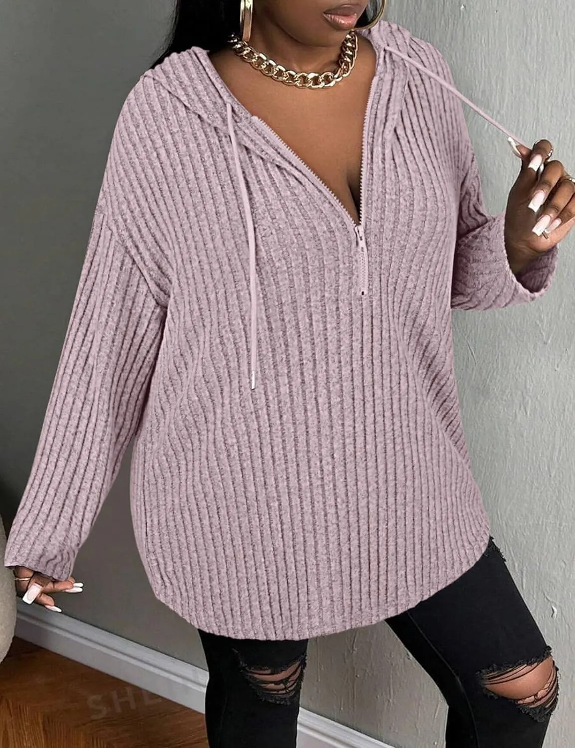 Zamowoty Women's Plus Size Hoodies Long Sleeve Drawstring Quarter Zip Hooded Sweatshirts Knit Pullover Sweaters(1X-5X)