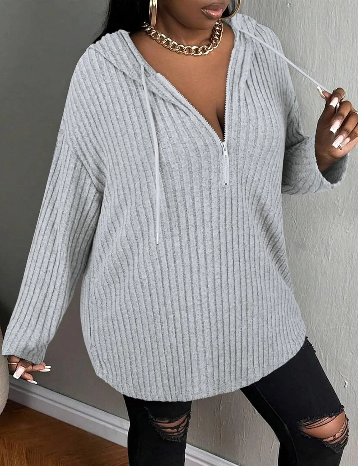 Zamowoty Women's Plus Size Hoodies Long Sleeve Drawstring Quarter Zip Hooded Sweatshirts Knit Pullover Sweaters(1X-5X)