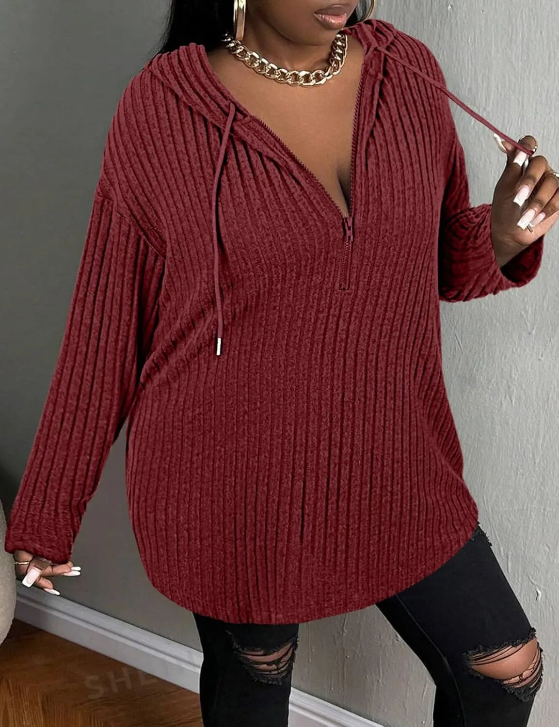 Zamowoty Women's Plus Size Hoodies Long Sleeve Drawstring Quarter Zip Hooded Sweatshirts Knit Pullover Sweaters(1X-5X)
