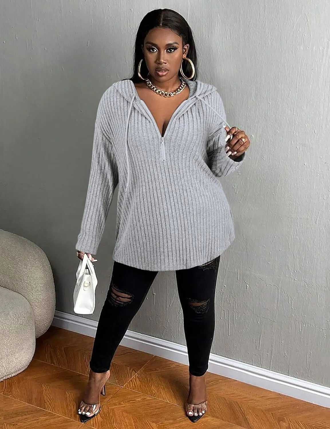 Zamowoty Women's Plus Size Hoodies Long Sleeve Drawstring Quarter Zip Hooded Sweatshirts Knit Pullover Sweaters(1X-5X)