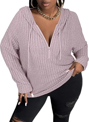 Zamowoty Women's Plus Size Hoodies Long Sleeve Drawstring Quarter Zip Hooded Sweatshirts Knit Pullover Sweaters(1X-5X)