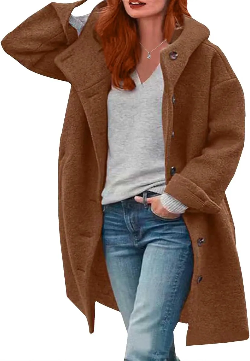 ZOCAVIA Women's Wool Blend Long Hooded Pea Coat Winter Solid Mid Length Single Breasted Overcoat Casual Jacket with Pockets