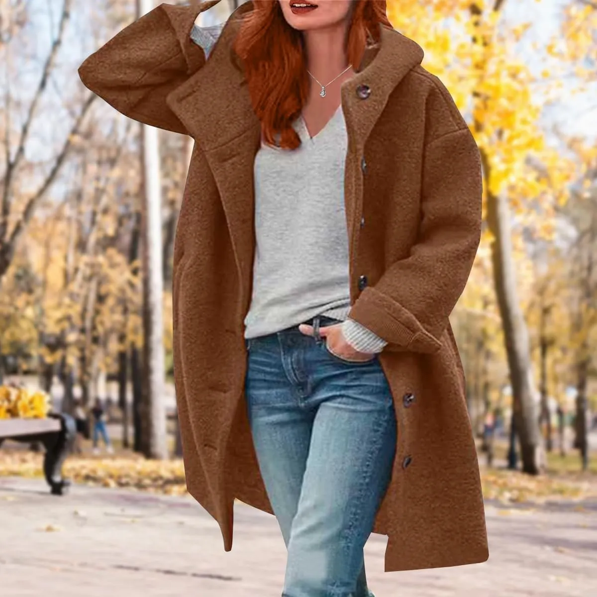 ZOCAVIA Women's Wool Blend Long Hooded Pea Coat Winter Solid Mid Length Single Breasted Overcoat Casual Jacket with Pockets